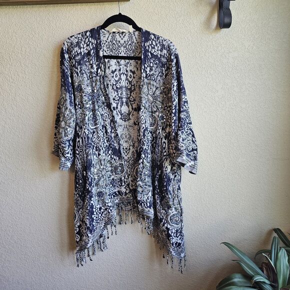 SOFT SURROUNDINGS Emory Cardi SEQUIN FRINGE TOPPER Open Cardigan S/M Blue - Picture 2 of 7